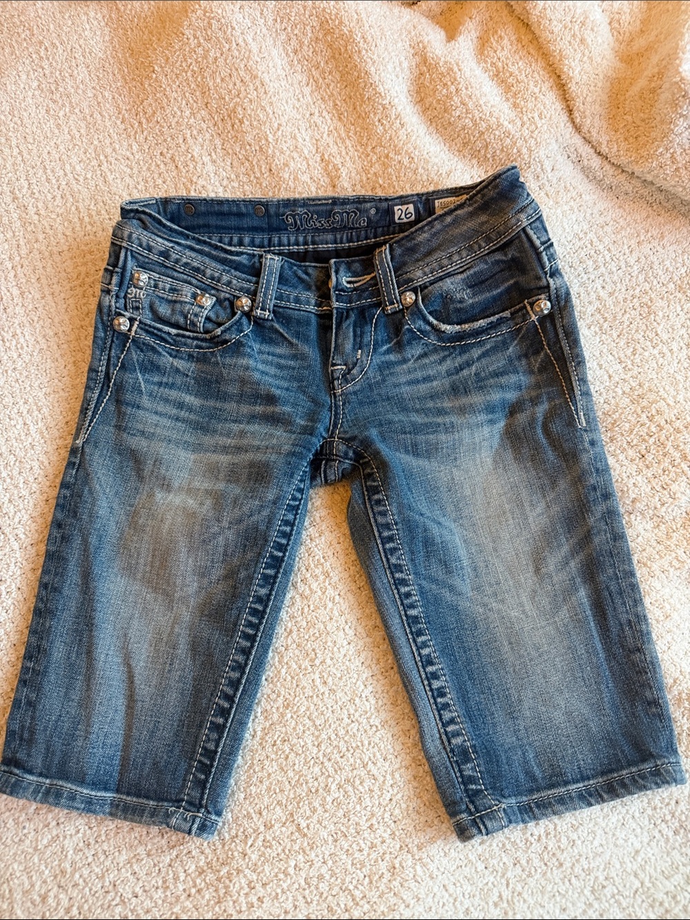 Miss Me Distressed Blue Denim Studded Bermuda Shorts 26